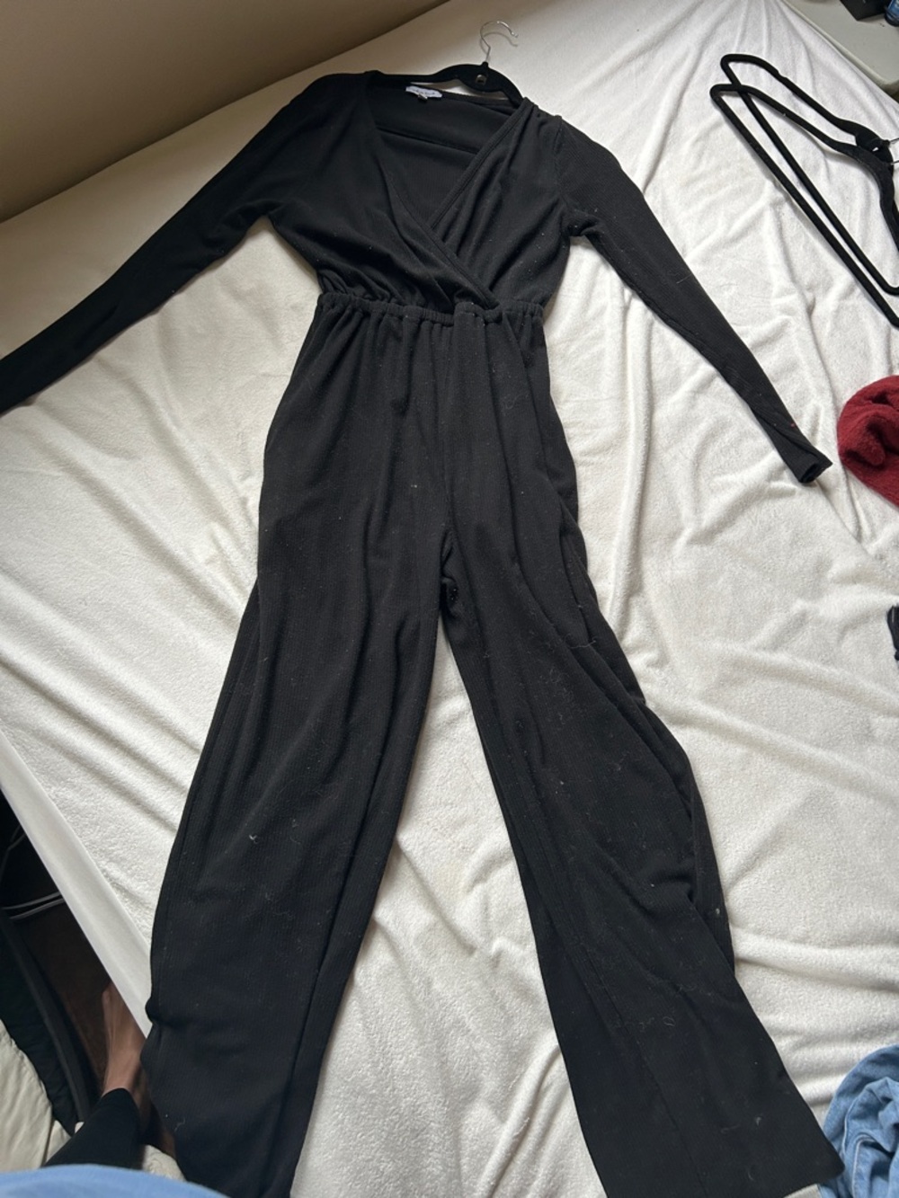 white birch Black Long-Sleeve Wrap-Front Jumpsuit